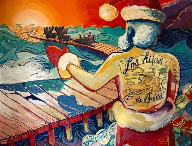 Colorful original artwork showing a seated figure overlooking water and a sunset