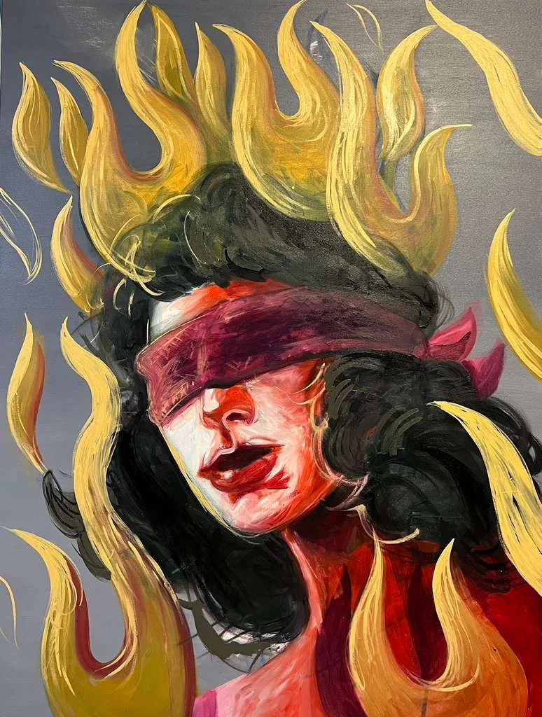 Original portrait artwork of a blindfolded figure surrounded by flames