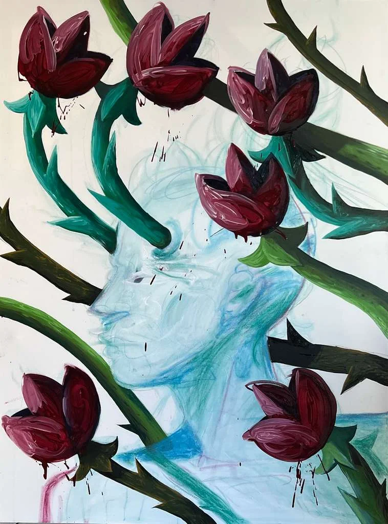 Original floral artwork with dark red flowers and flowing black stems