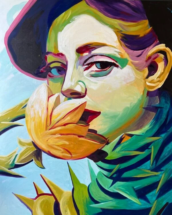 Colorful original portrait artwork of a woman holding a flower