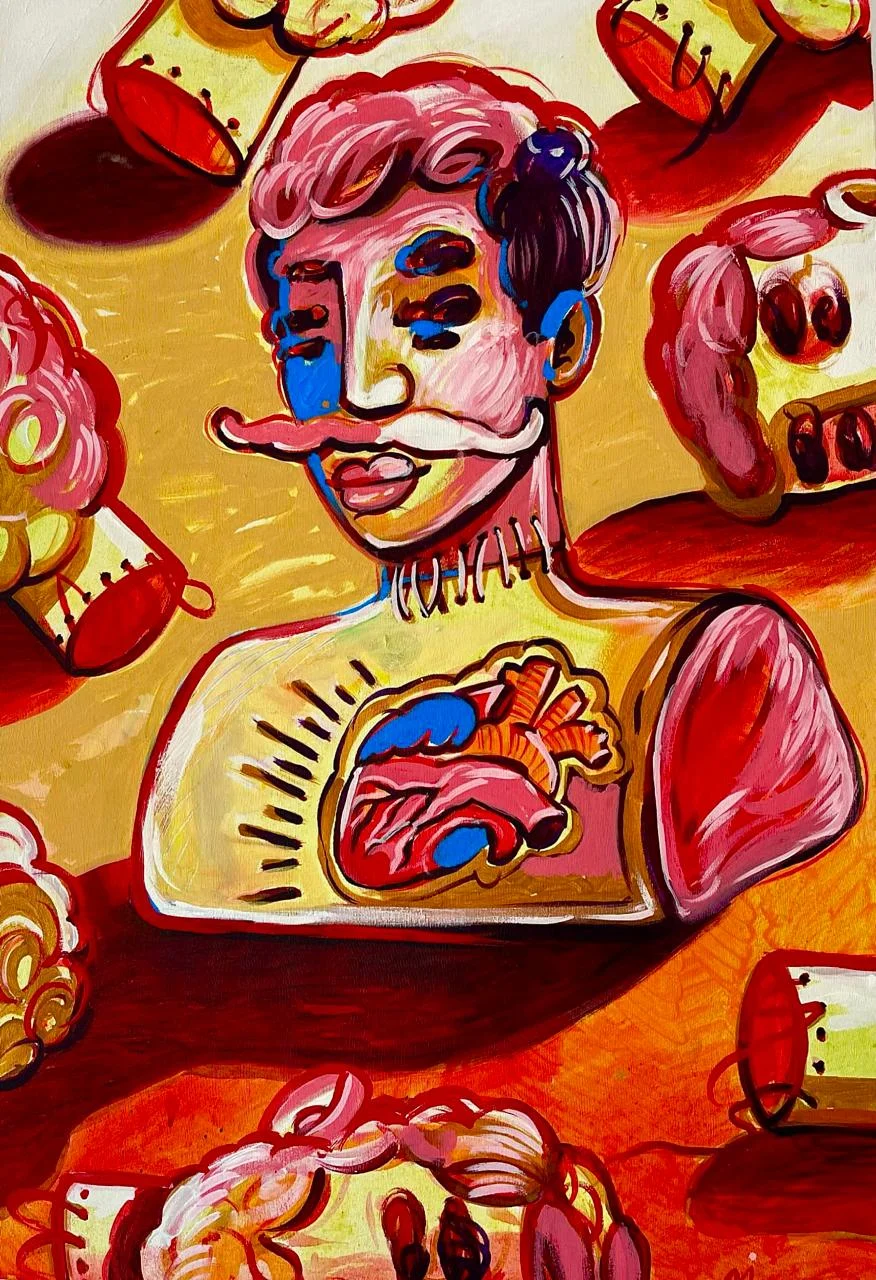 Expressive original artwork of a tattooed boxer surrounded by colorful figures