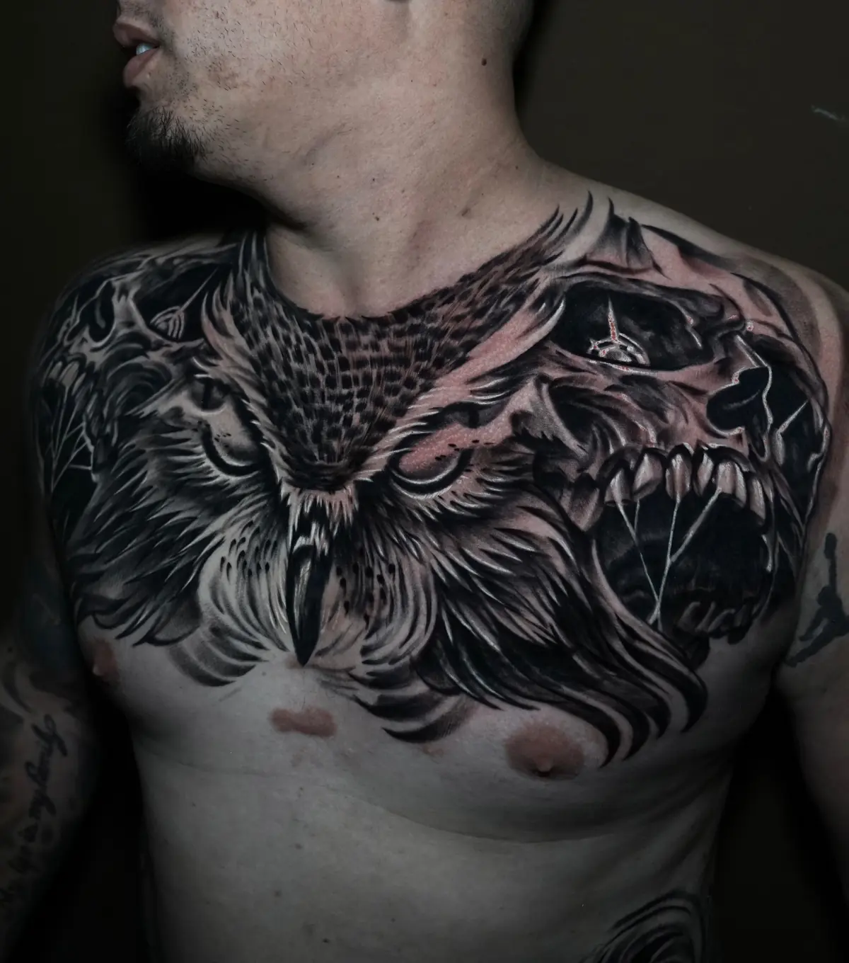 Black and grey chest tattoo pairing an owl with a dramatic skull